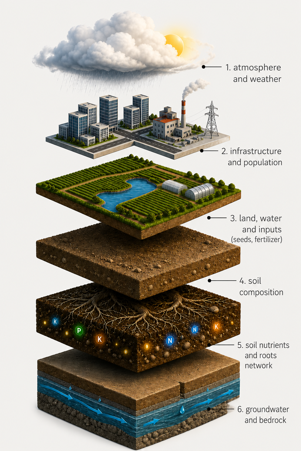Agricultural system, the interconnected data layers, from atmosphere and weather down to groundwater and bedrock